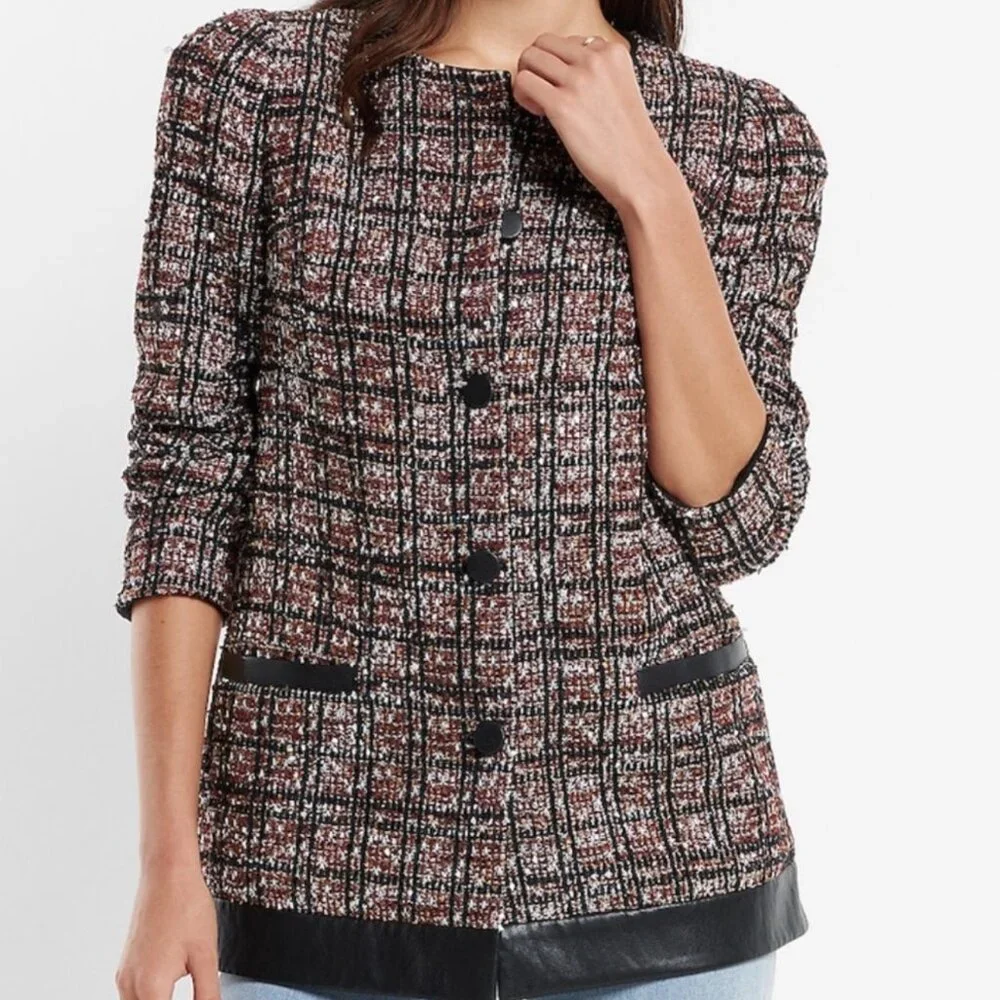 EXPRESS Women's NWT Metallic Tweed Blazer Coat Jacket Faux Leather Trim | Size S